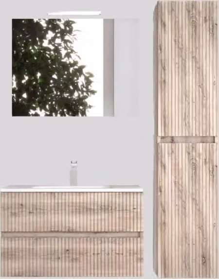 Mobile da Bagno Sospeso con Lavabo 100 cm e Specchio Urano Light Rovere Naturale