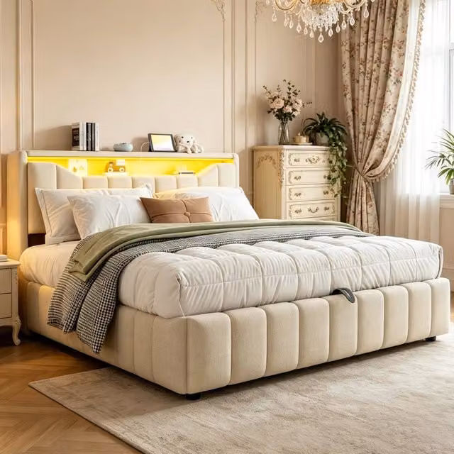 Letto contenitore 180 x 200 cm con LED e contenitore idraulico, USB/USB-C, letto imbottito in lino beige con vano integrato nella testiera