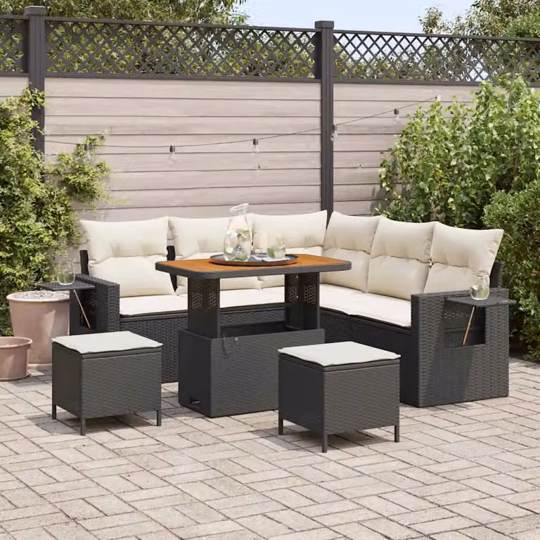 Set Divano da Giardino vidaXL 8 pz in Polyrattan Nero con Cuscini e Tavolino