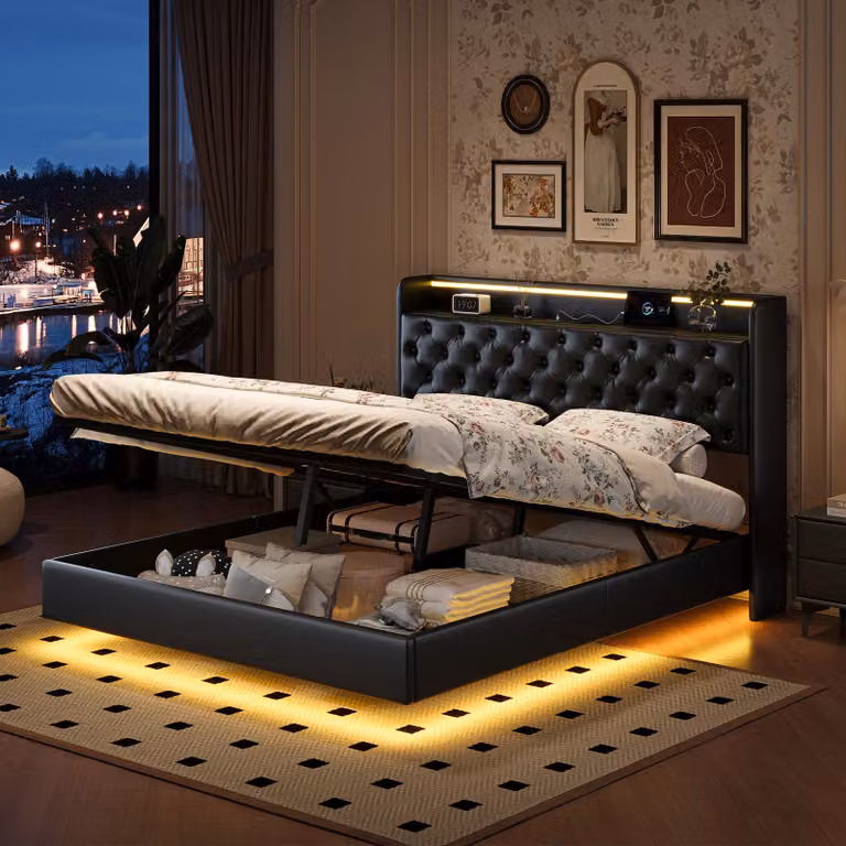 Letto galleggiante ProximaX 160×200 cm - Finto cuoio, strisce luminose a LED sulla testata e sulla struttura - Con connessione USB e spazio di archiviazione sotto il letto