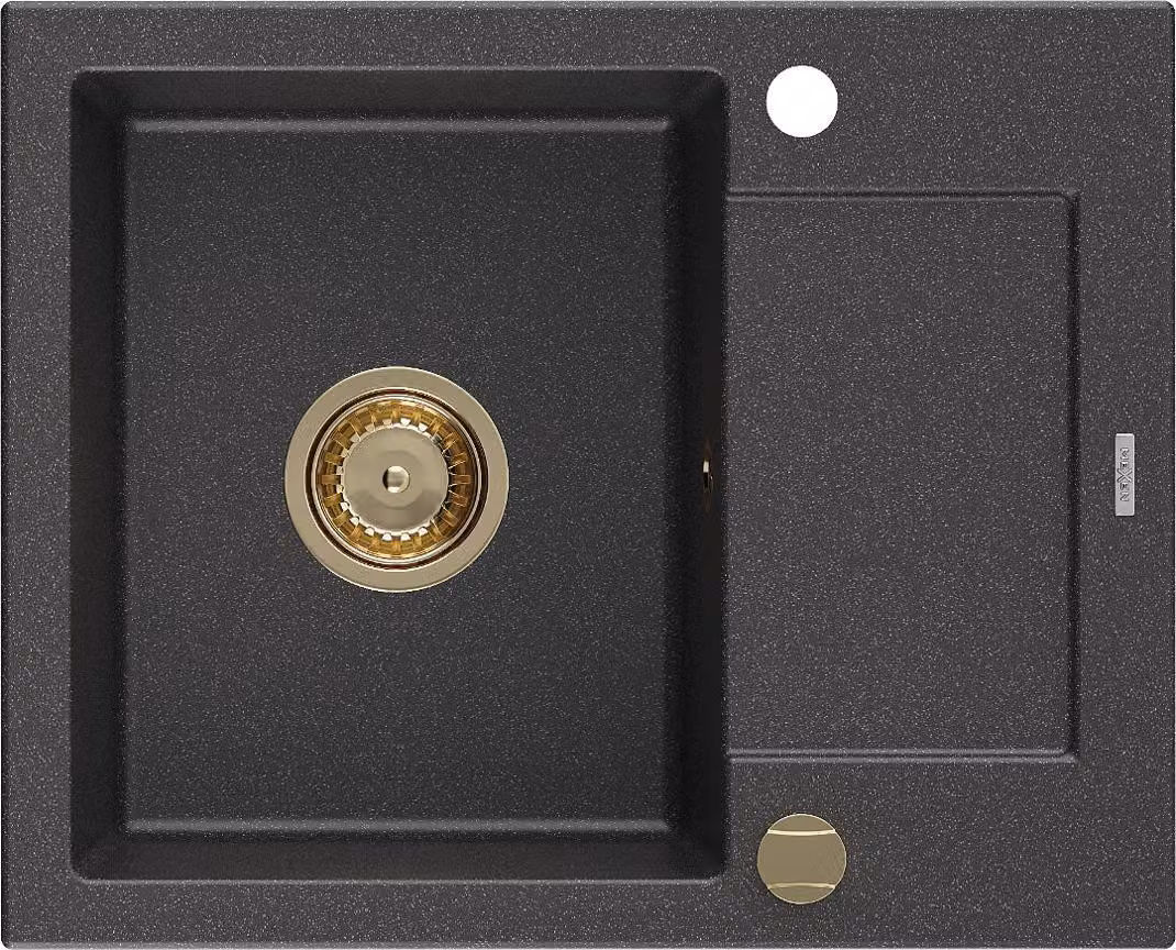 Mexen Enzo lavello cucina in granito, 1 vasca con sgocciolatoio 576 x 465 mm, nero punteggiato, sifone dorato - 6506571005-76-G