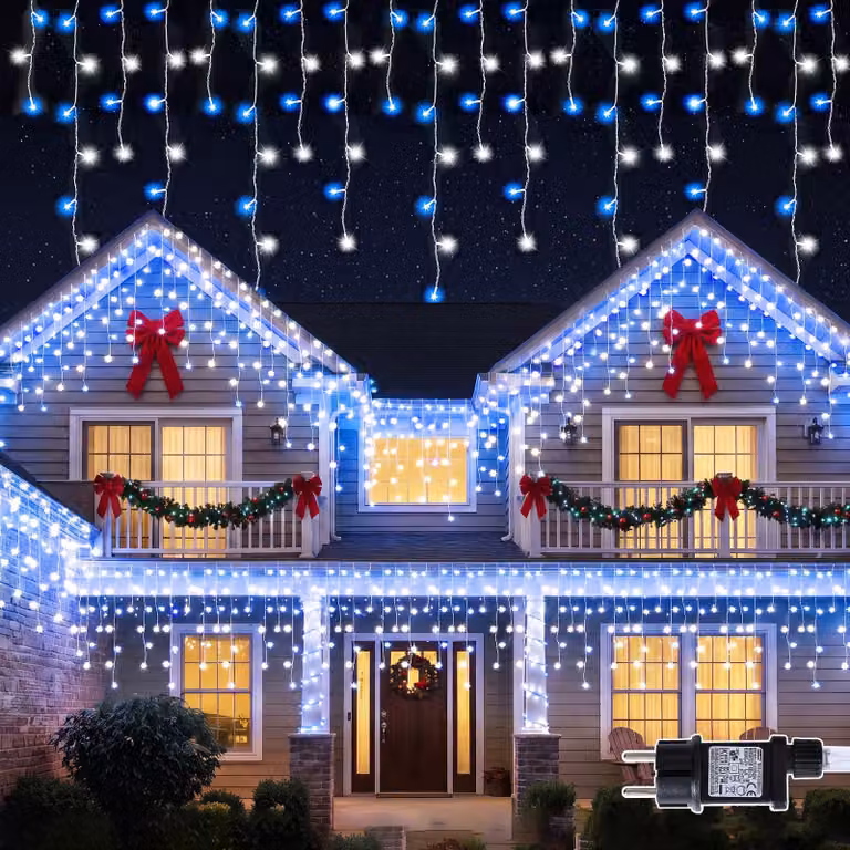 Catena luminosa a forma di cristalli di ghiaccio, lunghezza 10 metri, 400 LED, colore blu e bianco