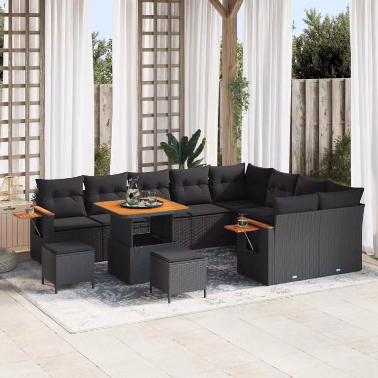 Set Divano da Giardino vidaXL 13 Pezzi Nero con Cuscini e Tavolino in Polyrattan e Acciaio