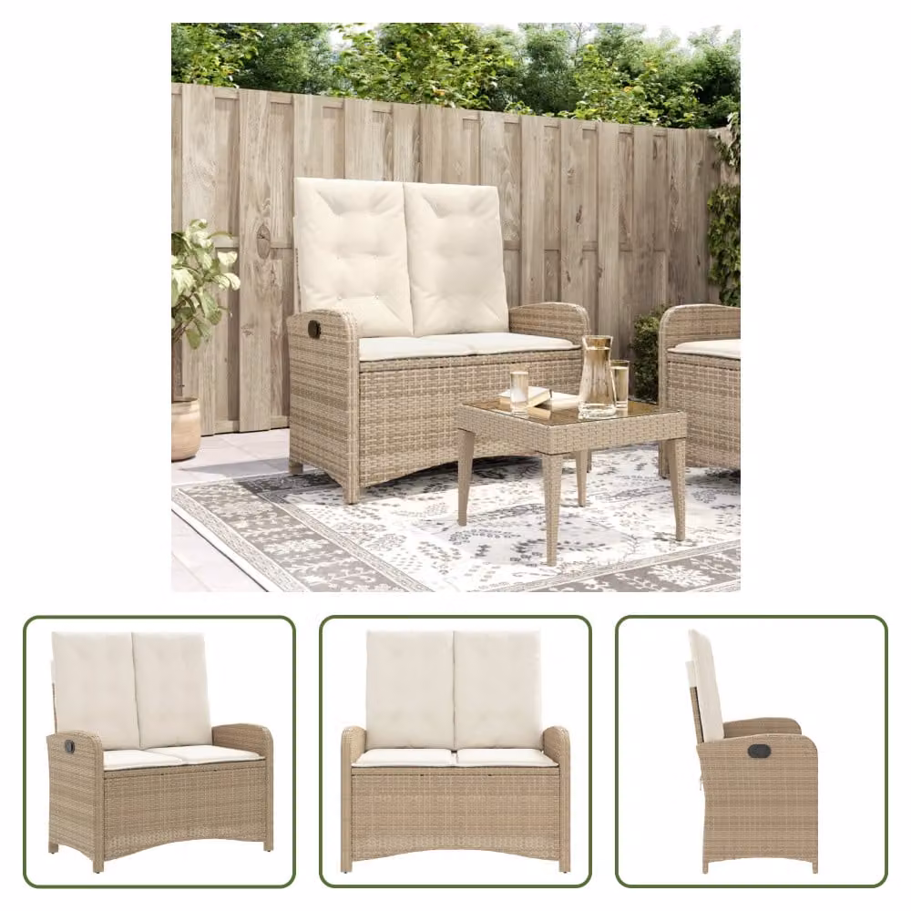 The Living Store Panca da giardino regolabile con cuscino Beige Poly Rattan