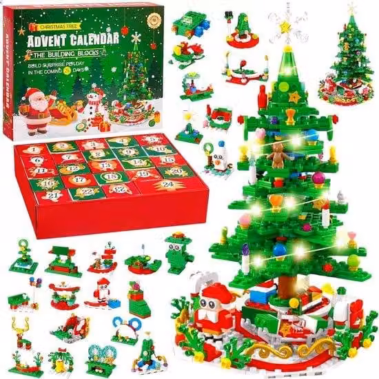 Calendario dell'Avvento 2025 per bambini - Calendario dell'Avvento con mattoncini da costruzione - Set di costruzioni per bambini con luci - Giocattolo per costruire l'albero di Natale - 701 pezzi di mattoncini a incastro - Regalo di Natale - Giocattolo p