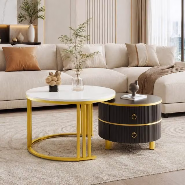 Tavolino da caffè rotondo 2 pezzi in MDF; piano lucido effetto marmo; 2 cassetti; nero