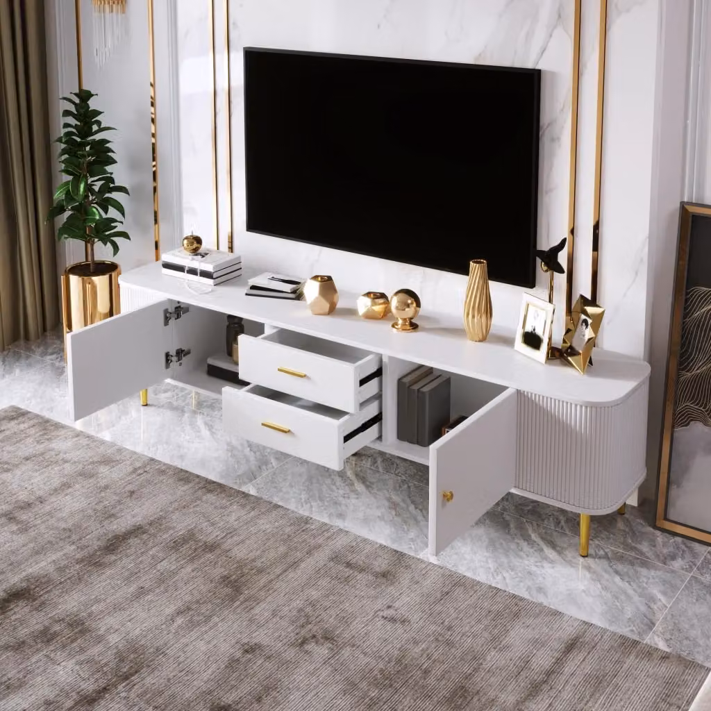 Mobile TV Mivray moderno in MDF bianco con piano arrotondato, 2 cassetti e 2 ante, maniglie e gambe dorate, L/P/H: 170 x 34 x 45 cm – 2