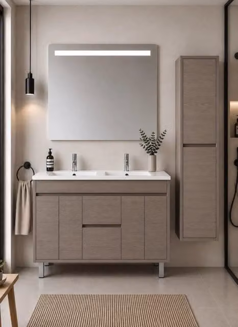 Mobile bagno con lavabo ORIGENBATH ISQUIA senza specchio 120x45 cm doppio lavabo rovere smoky con colonna