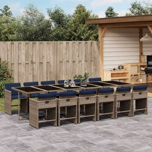 Set da pranzo da giardino vidaXL in polyrattan con cuscini e piano in vetro, 13 pezzi, Grigio