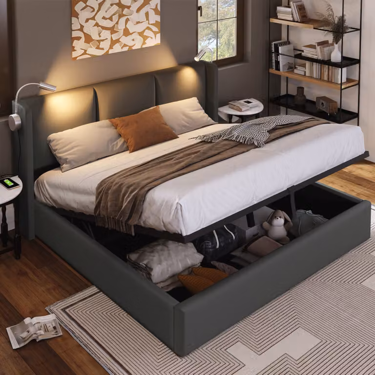Letto imbottito Merax 160x200cm con rete senza piastra, letto a molle idrauliche in Pelle finta con luce di lettura e funzione di ricarica USB, letto funzionale letto matrimoniale letto contenitore, grigio