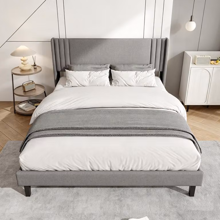 Letto matrimoniale con boxspring, imbottito, 140x200 cm, con rete a doghe – Struttura robusta in legno e metallo, letto per giovani con testiera, colore grigio, rivestito in lino