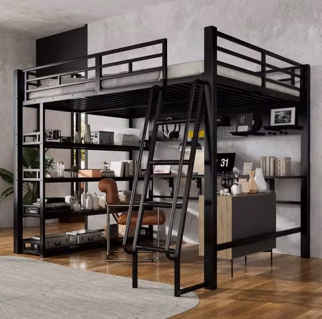 Letto a castello Beaok in metallo nero con ripiani, porta di ricarica USB e scala inclinata, L/P/H: 200 x 140 x 172 cm – 1