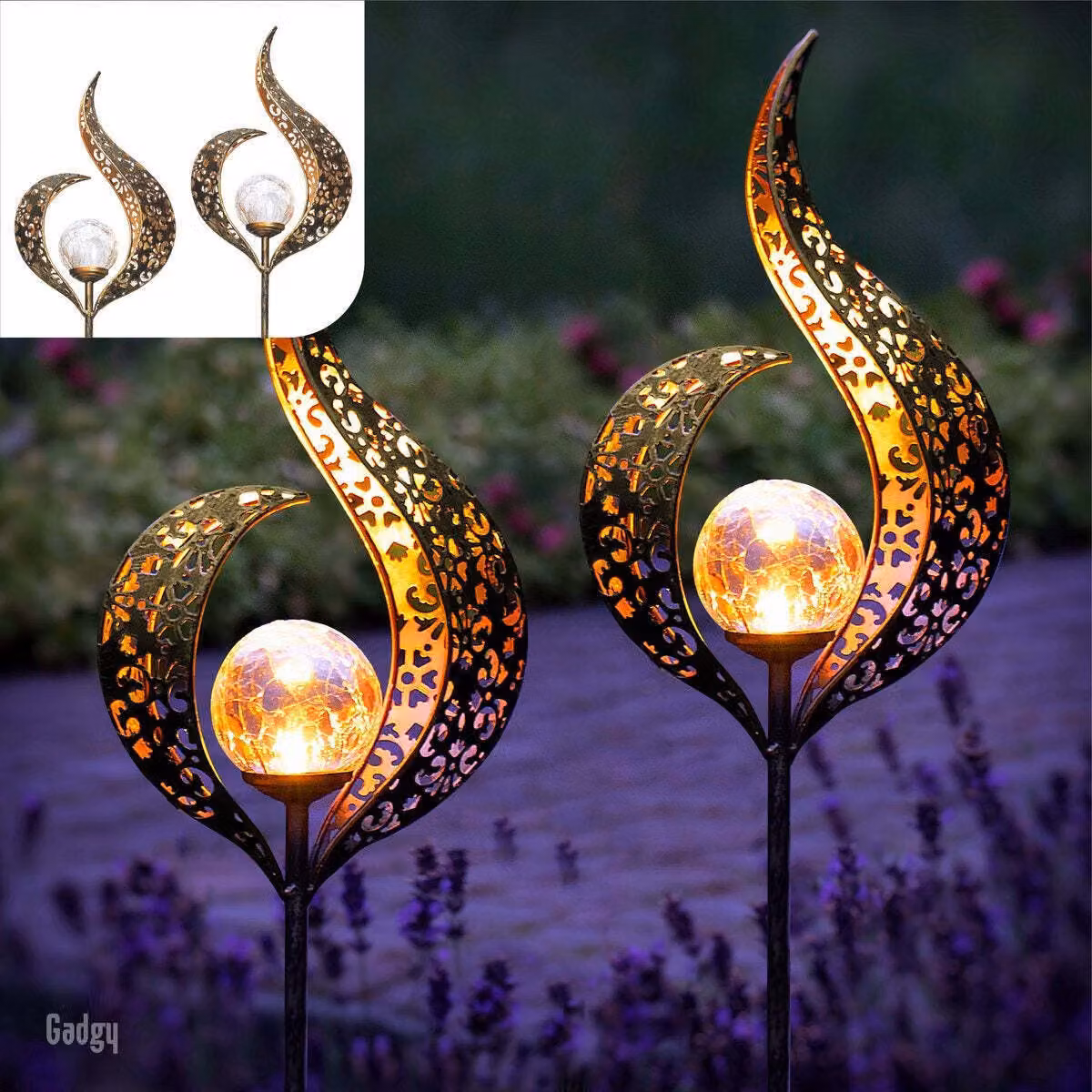 Gadgy Gadgy Lampada solare a fiamma con picchetto di terra - Set di 2 luci solari da giardino - Illuminazione solare da giardino - Illuminazione a led per esterni con sensore - Lanterna da giardino - Torcia da giardino - Paletto da giardino - Metallo bron