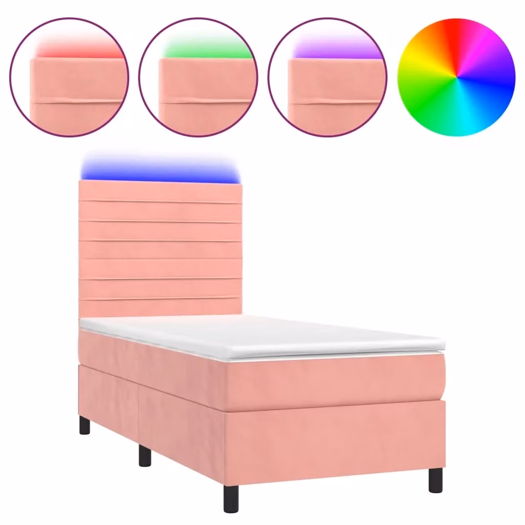 Letto a Molle con Materasso vidaXL in Velluto Rosa con Illuminazione LED e Porte USB, L/P/H: 90 x 200 cm – 2