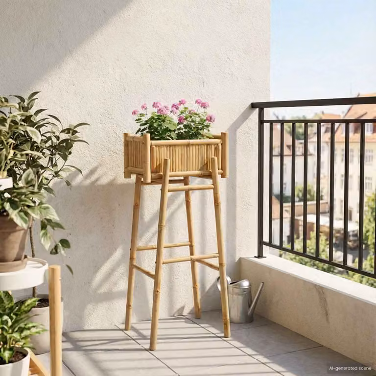 vidaXL Vaso da Giardino con Supporto in Bambù, Colore Beige e Marrone, L: 50 cm, P: 38 cm, H: 114 cm