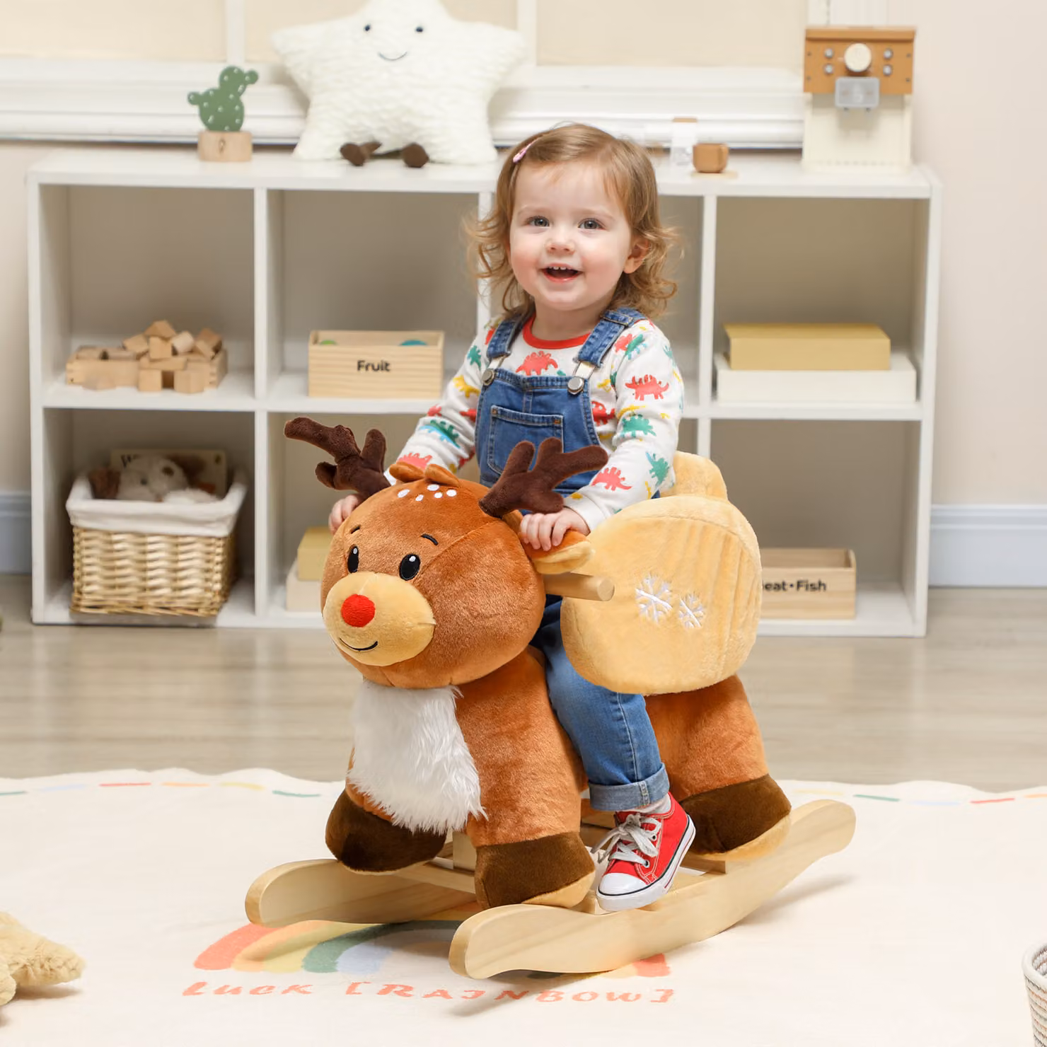 AIYAPLAY Giostra a dondolo a forma di renna per bambini con ninna-nanne e cintura di sicurezza, Marrone, L 65 cm x P 35 cm x H 59 cm – 2