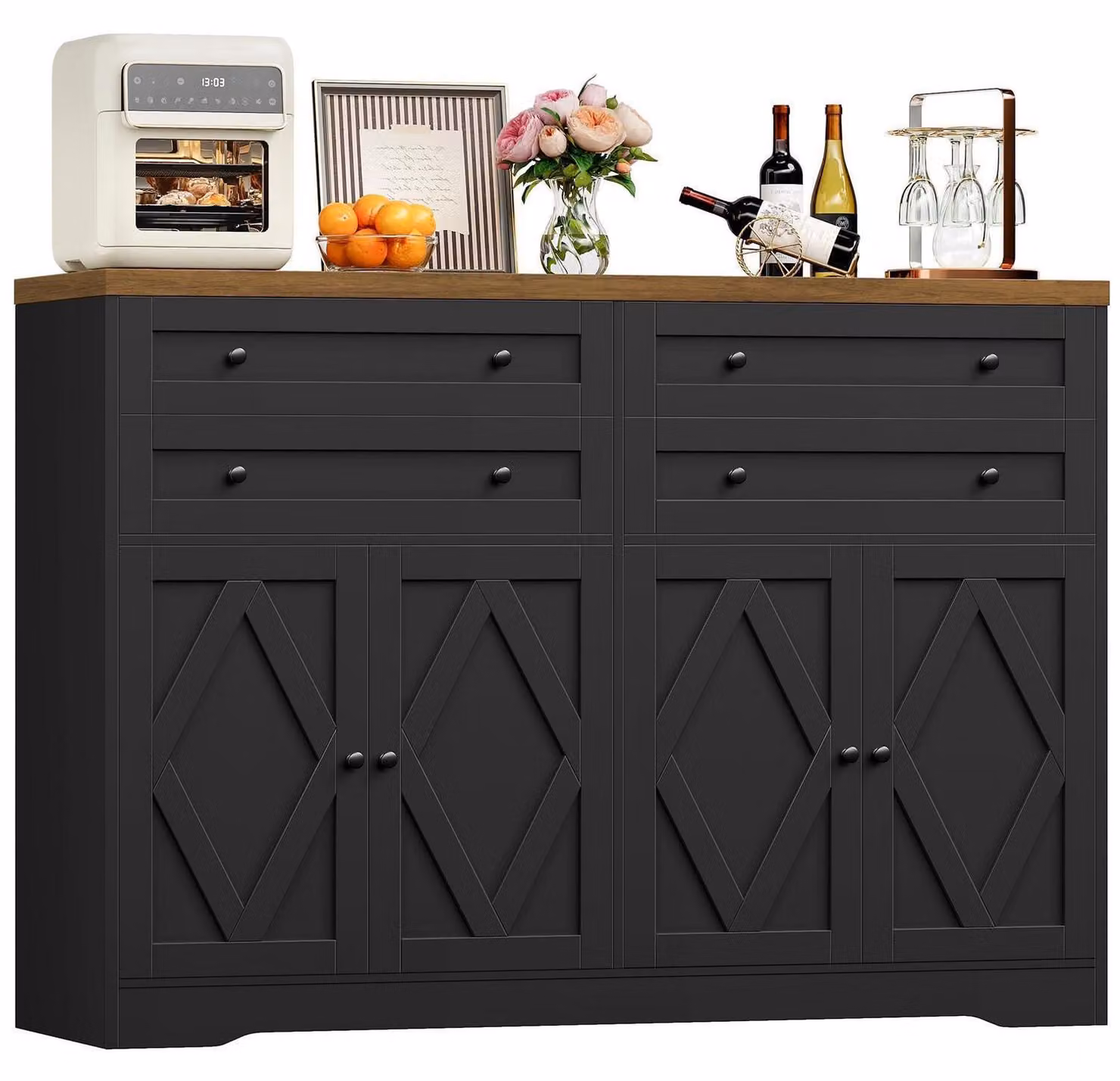 Mobile contenitore largo 132,7 cm, con 4 cassetti e 4 ante, colore nero e marrone