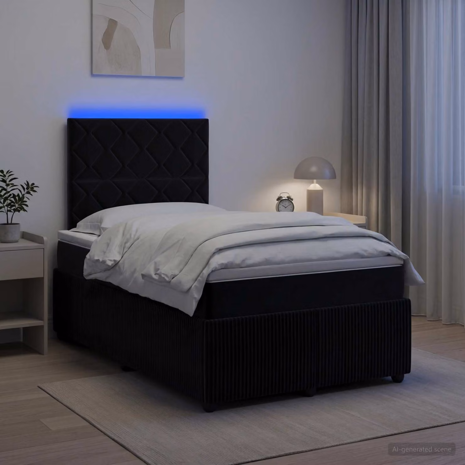Letto Box Spring vidaXL in Velluto Nero con Materasso Ibrido e Illuminazione LED, L/P: 120 x 200 cm