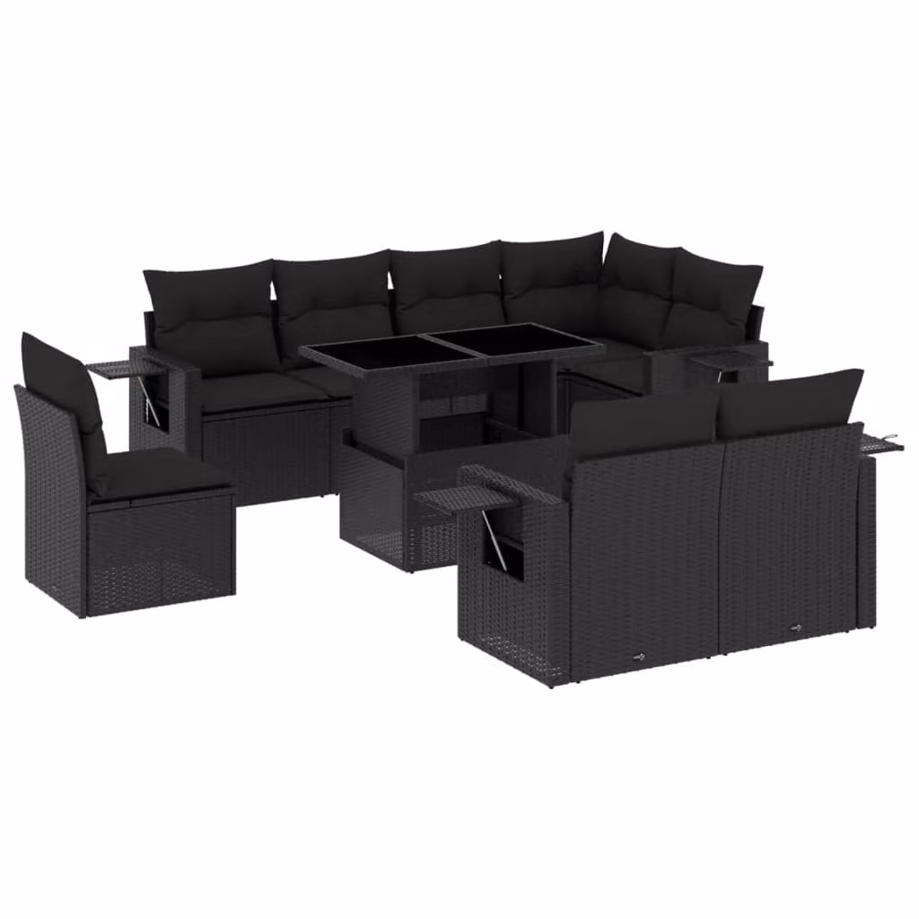 Set Divani da Giardino 9 pz con Cuscini Nero in Polyrattan