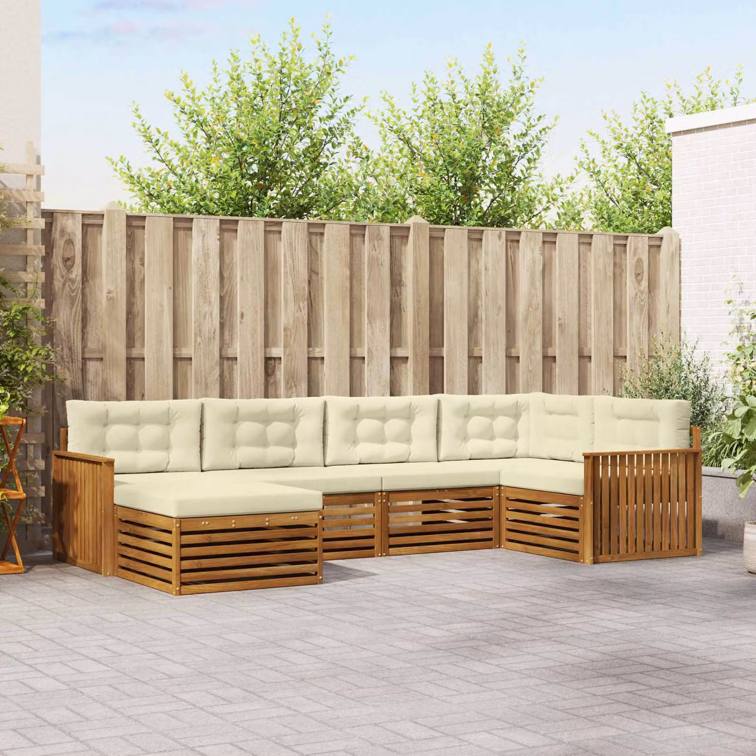 Set di divani da esterno vidaXL 6 pz in legno di acacia con cuscini, beige e bianco