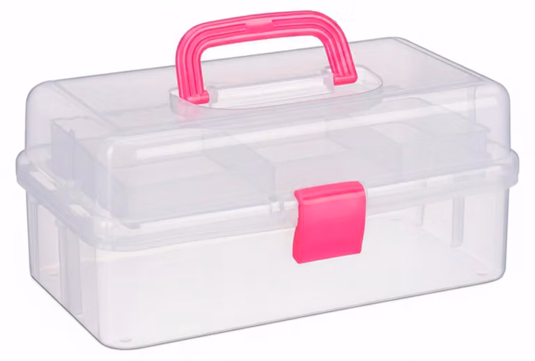 10 scatole in plastica trasparente, 9 scomparti per piccoli oggetti, flessibili, chiusura a scatto, maniglia, A x L x P: 14 x 33 x 19 cm, rosa