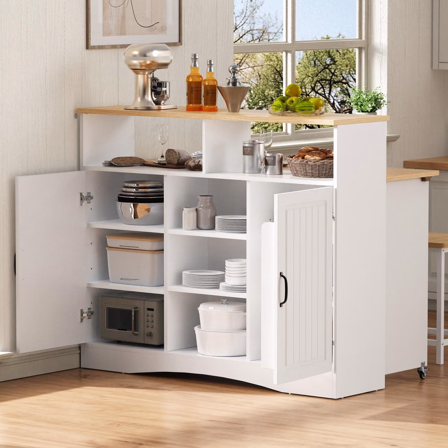 okwish Mobile da cucina a isola allungabile con due sgabelli, credenza con ripiani regolabili e vani a giorno, credenza con piano ribaltabile, bianco