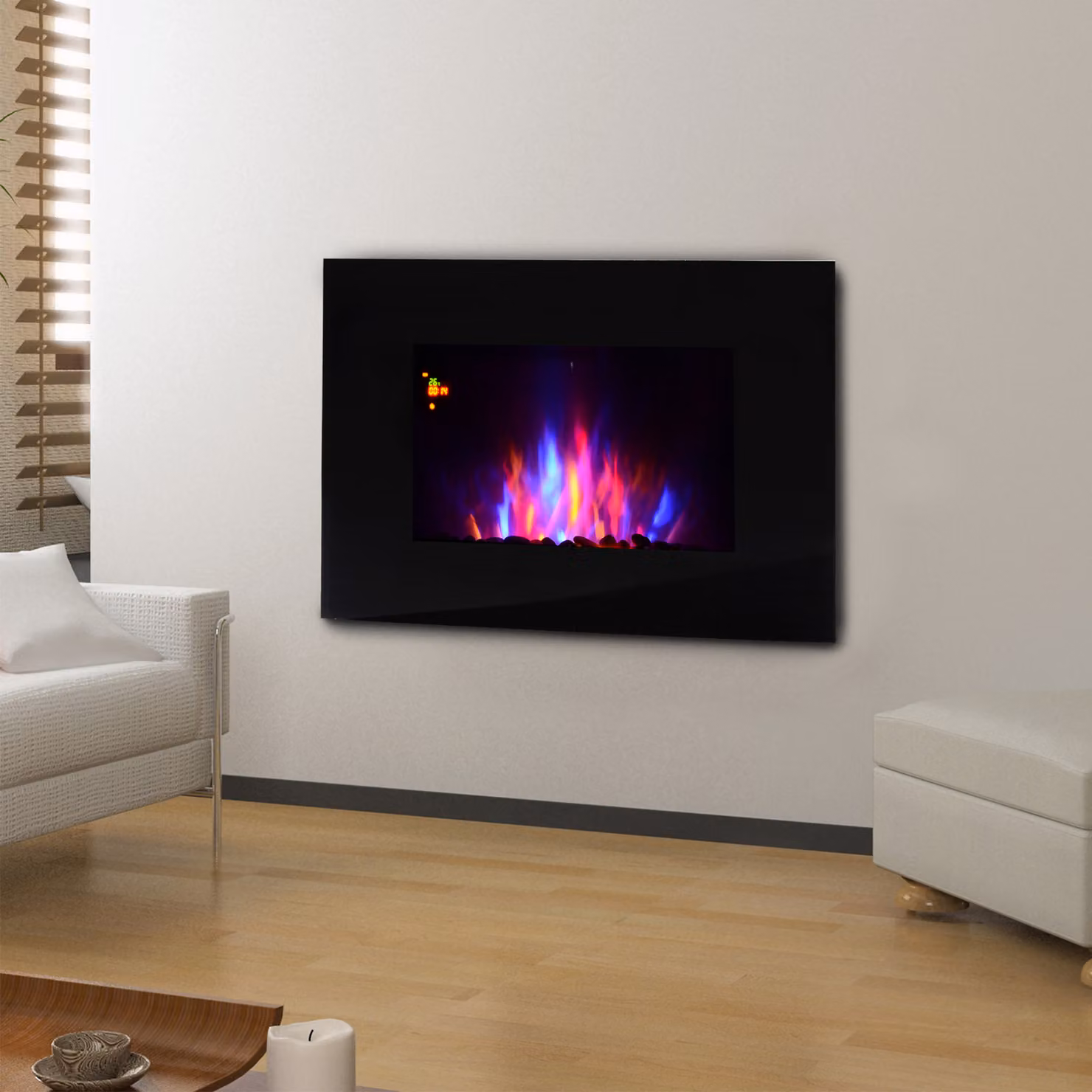 Camino Elettrico HOMCOM da Parete o Terra con Fiamma LED a 7 Colori, 2000W, Nero, L: 90 cm, H: 56 cm, P: 9,5 cm – 2