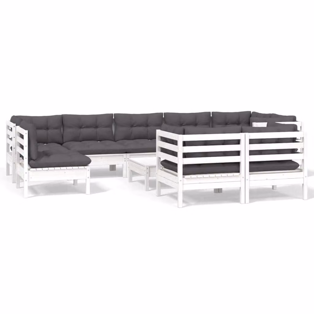 Set Divani da Giardino 10 pz con Cuscini Bianchi Legno di Pino