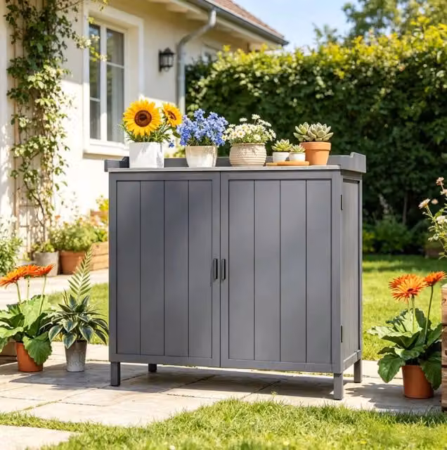 Armadio da giardino 98x48x95,5 cm in legno e metallo grigio –