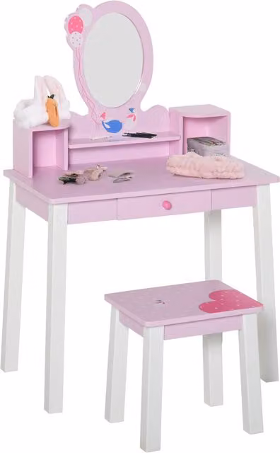 Set Tavolo da Trucco per Bambine HOMCOM in Legno con Specchio e Sgabello, Rosa