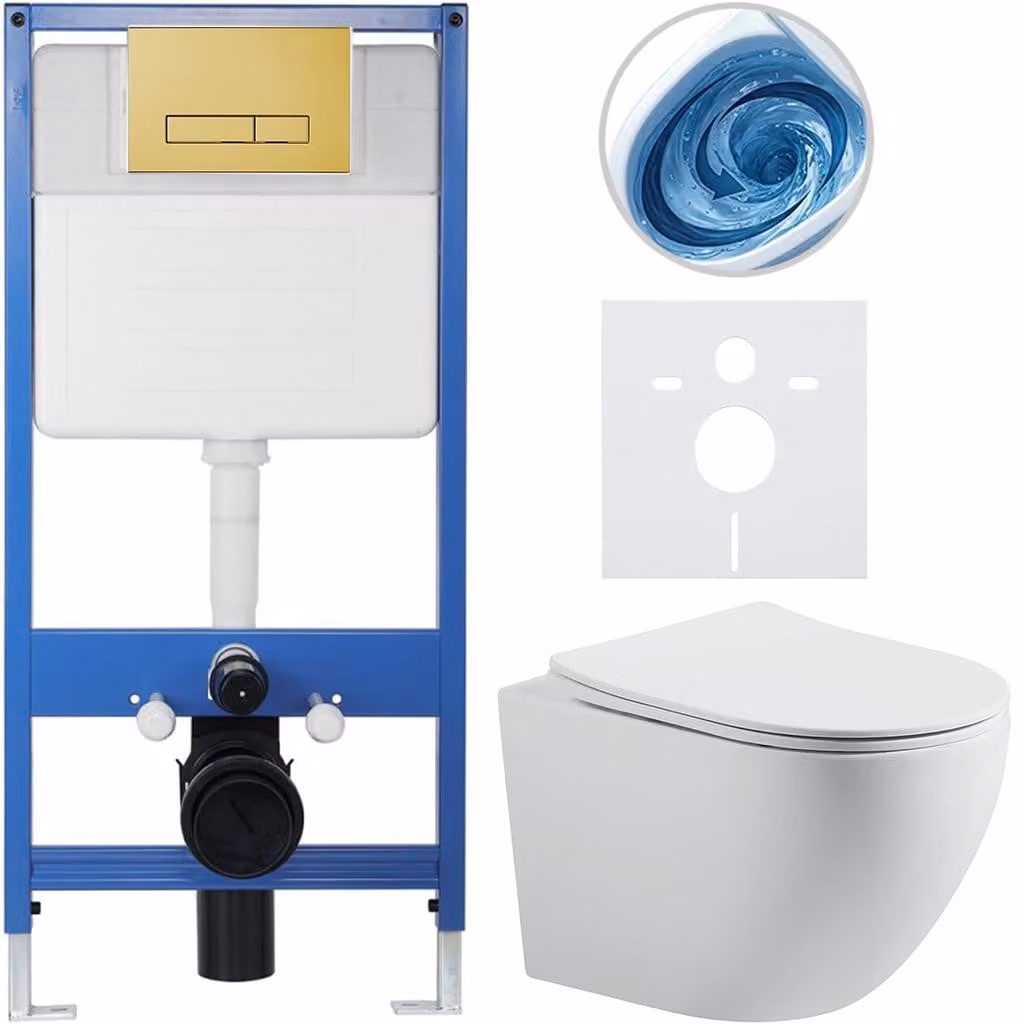 CERANO - Set completo per WC da incasso Lite/Cesso - bianco opaco - pulsante WC Slim, dorato - installazione a parete/cartongesso - 49x36 cm