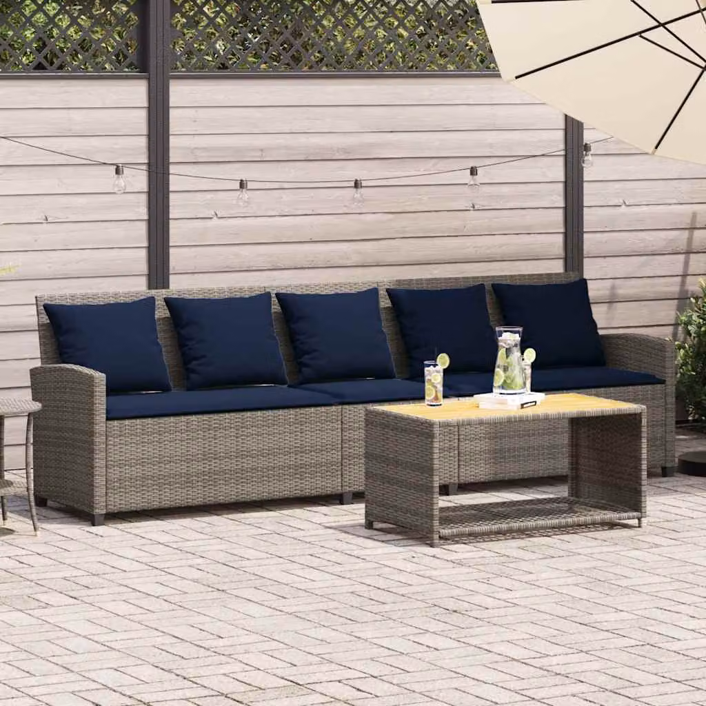 vidaXL Divano da Giardino Moderno in Polyrattan con Cuscini Blu e Grigio per 5 Persone