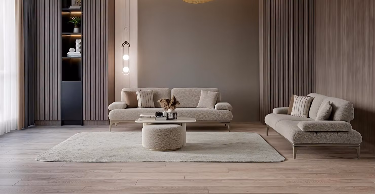 Divano a 3 posti, tavolino, poggiapiedi, stile moderno, colore beige, elegante, lussuoso, set completo