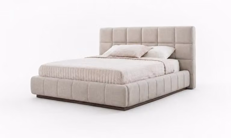Modernes Polsterbett Beige Doppelbett Schlafzimmer Design Kopfteil