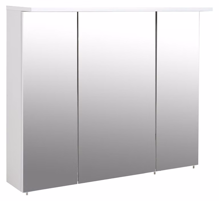 Armadietto a specchio con 3 ante, 6 ripiani in vetro, illuminazione a LED, dimensioni 90x16x72,3 cm, colore bianco
