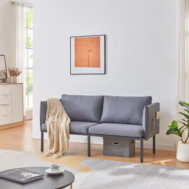 Divano a 2 posti Kamar en.casa imbottito in tessuto con cuscini e coperture rimovibili, Grigio Scuro, L: 158 cm, P: 79 cm, H: 63 cm