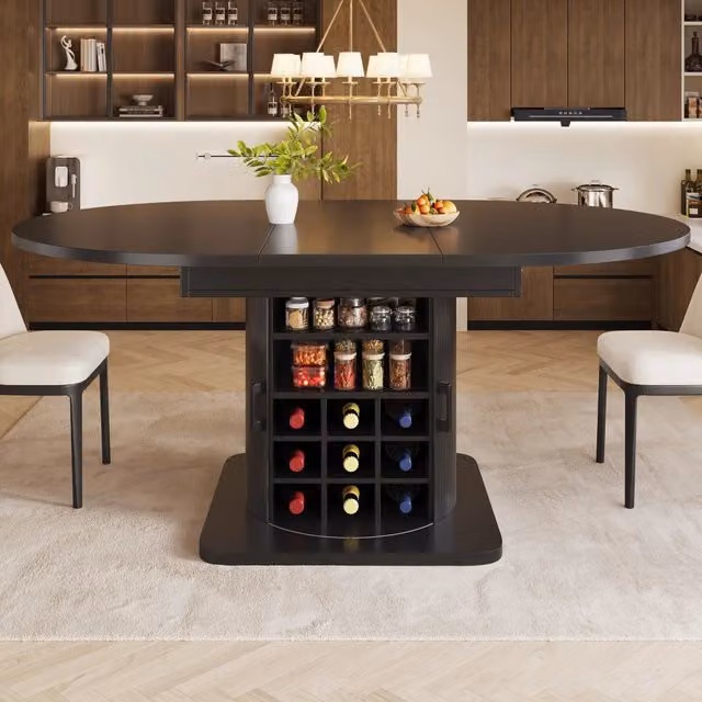 Tavolo allungabile REDOM nero con vano contenitore e piano rotondo in MDF e metallo L/P/H: 118 x 118 x 76 cm (estendibile a 158 cm)
