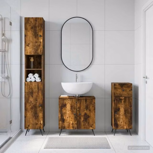 Set di mobili da bagno in 3 pezzi vidaXL in legno color marrone con mobile lavabo, colonna alta e mobile laterale in stile industriale