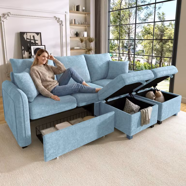 Divano ad angolo a U Merax con funzione letto e vano portaoggetti, set divano a tre posti con 2 pouf – tessuto in ciniglia, struttura in metallo, modulare e combinabile, blu