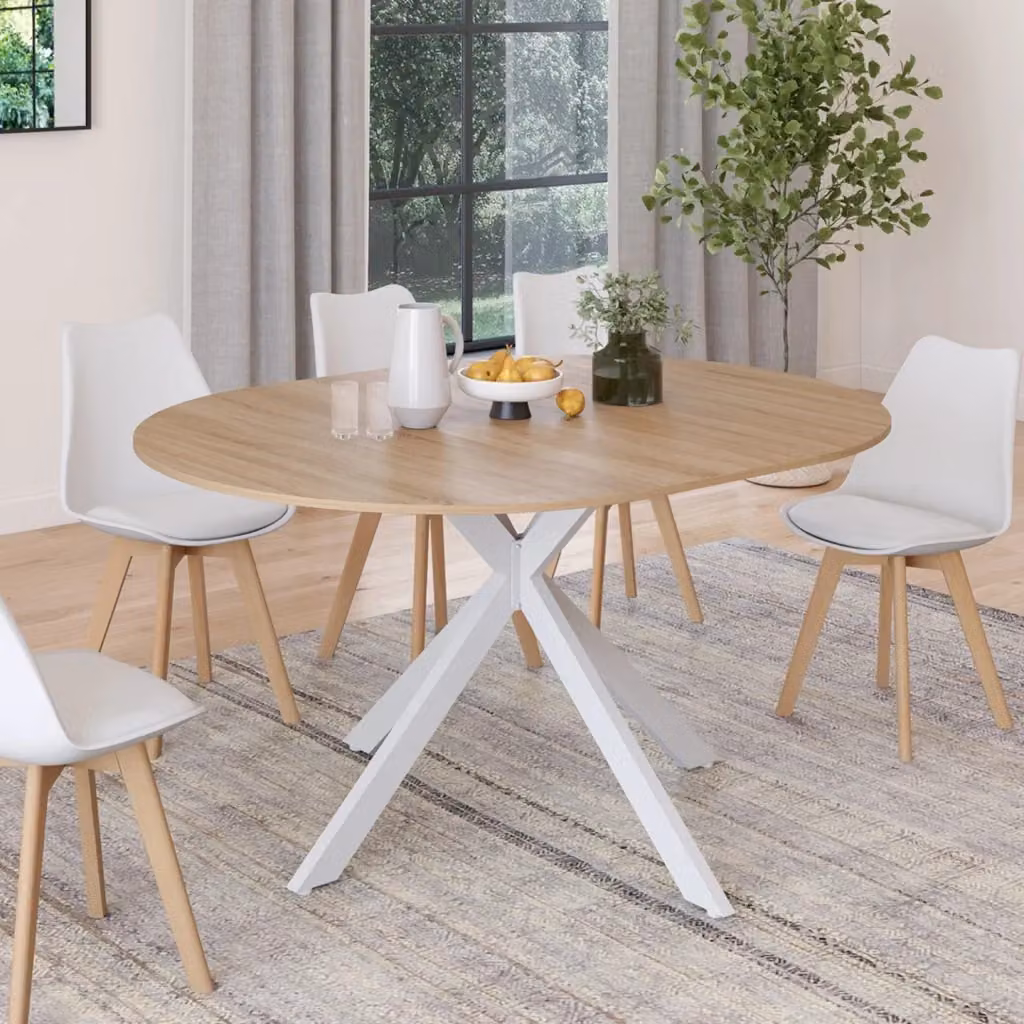 IDMarket Tavolo da pranzo rotondo allungabile ALIX in legno e metallo, bianco e marrone, Diametro: 110-150 cm, H: 76 cm – 2