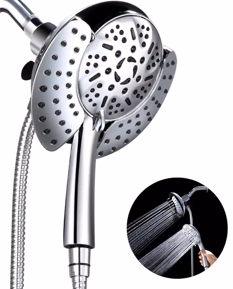 Doccia multifunzione 2-in-1 con soffione e doccetta manuale, 9 tipi di getto, acciaio inossidabile, cromato, portata d'acqua di 2,5 GPM
