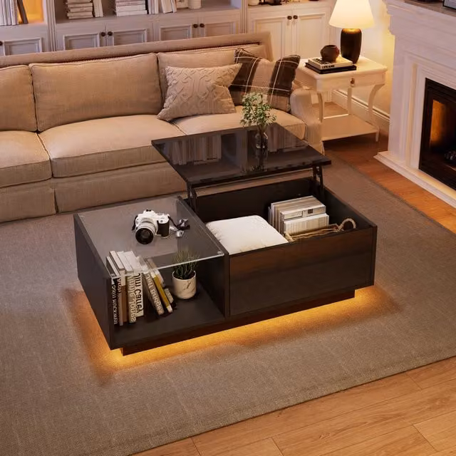 Tavolino basso OKWISH sollevabile con 2 cassetti e vano nascosto, finitura lucida nera in legno MDF moderno