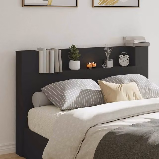 Testiera decorativa vidaXL in legno multistrato con illuminazione integrata e mensola, Nero, L 160 x P 16,5 x H 103,5 cm