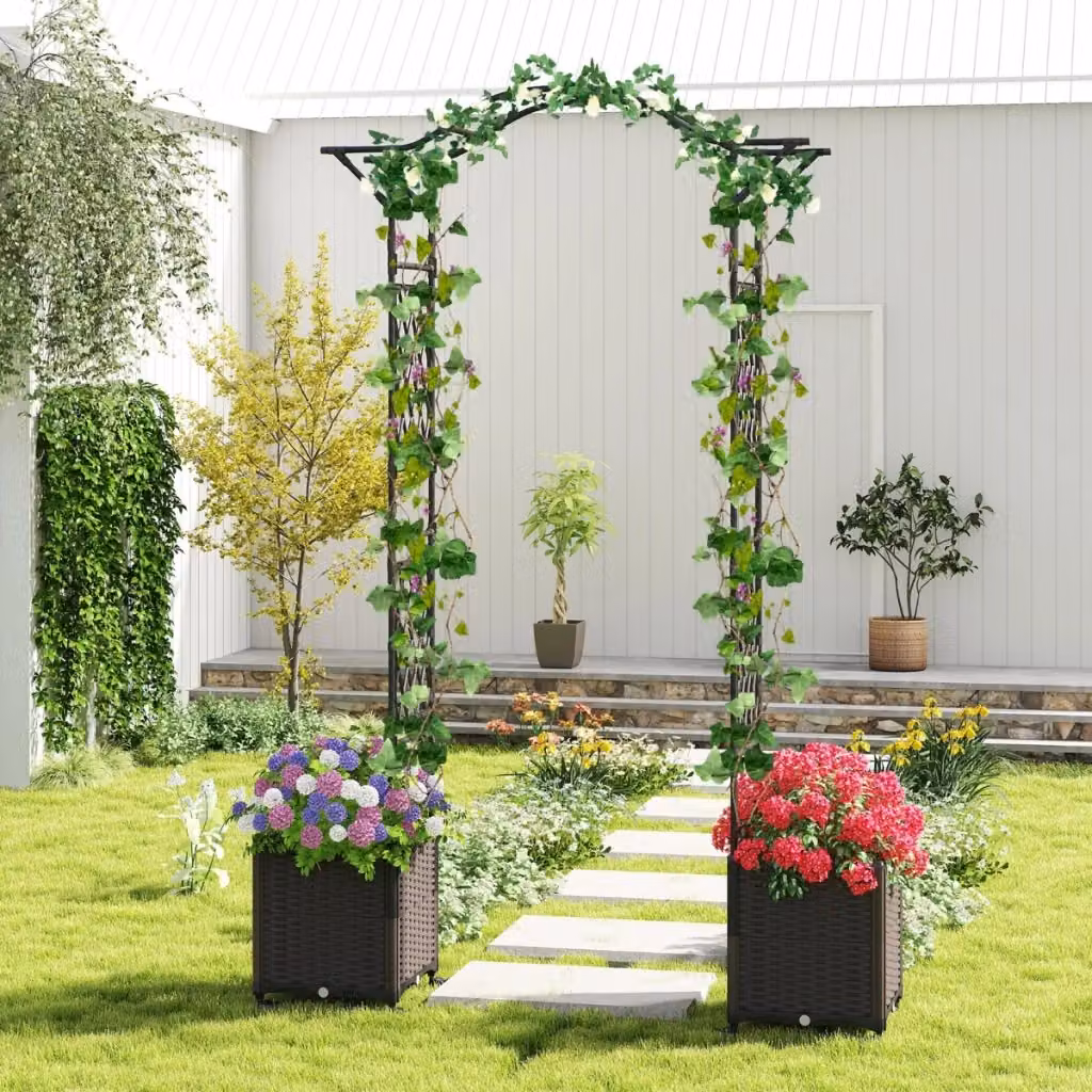 Arco da giardino in metallo nero con 2 fioriere auto-irriganti e ruote per piante rampicanti – 2