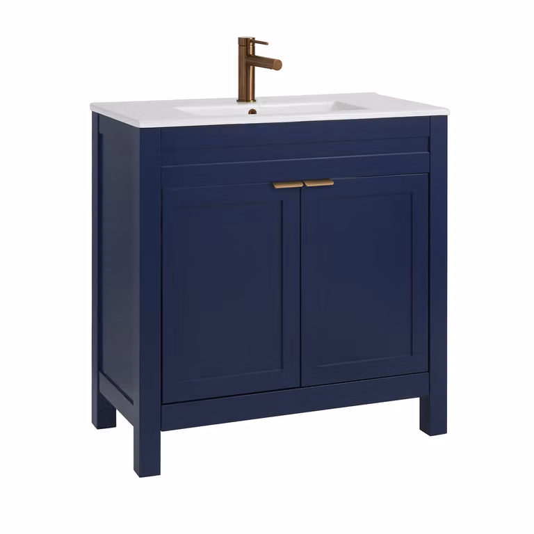 Mobile Bagno Blu Marino da 810mm con Lavabo e Maniglia Moderna con Impugnatura a Dito in Rame Satinato - Warwick