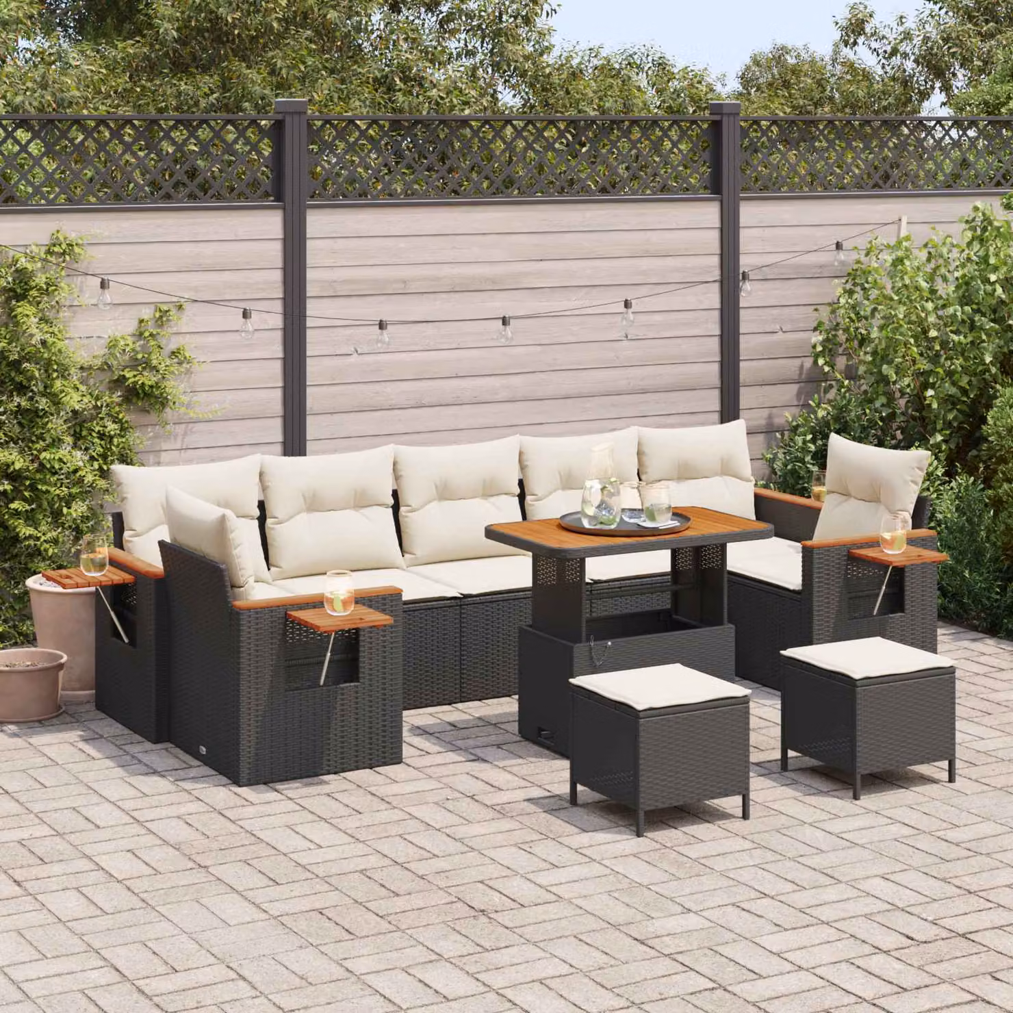 Set Divano da Giardino vidaXL 10 Pezzi in Polyrattan Nero con Cuscini e Tavolino da Esterno – 1