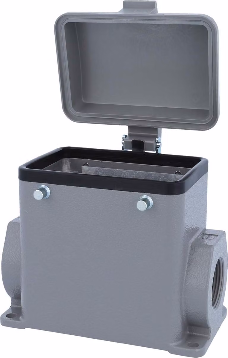 HARTING Han 32A Alloggiamento base alto, 1xM25 uscita cavo laterale, per 2 staffe (nella parte superiore) con cappuccio protettivo in plastica