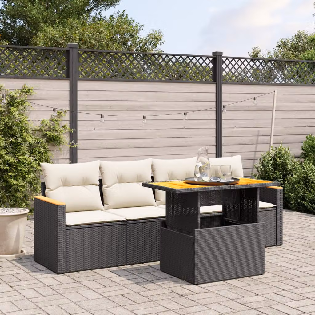 vidaXL Set Divani da Giardino 5 pz in Polyrattan Nero con Cuscini e Tavolino da Esterno – 1