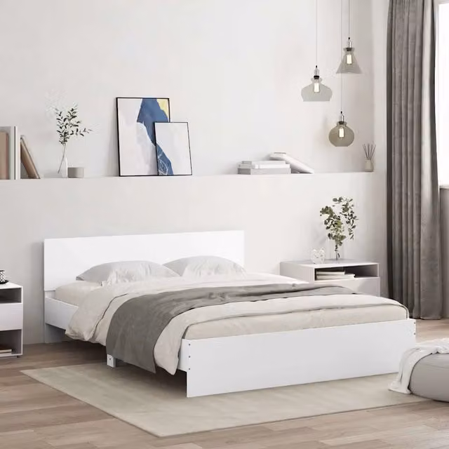 Letto moderno vidaXL bianco con testiera, illuminazione LED sottostante e porta di ricarica USB, L/P: 150 x 200 cm