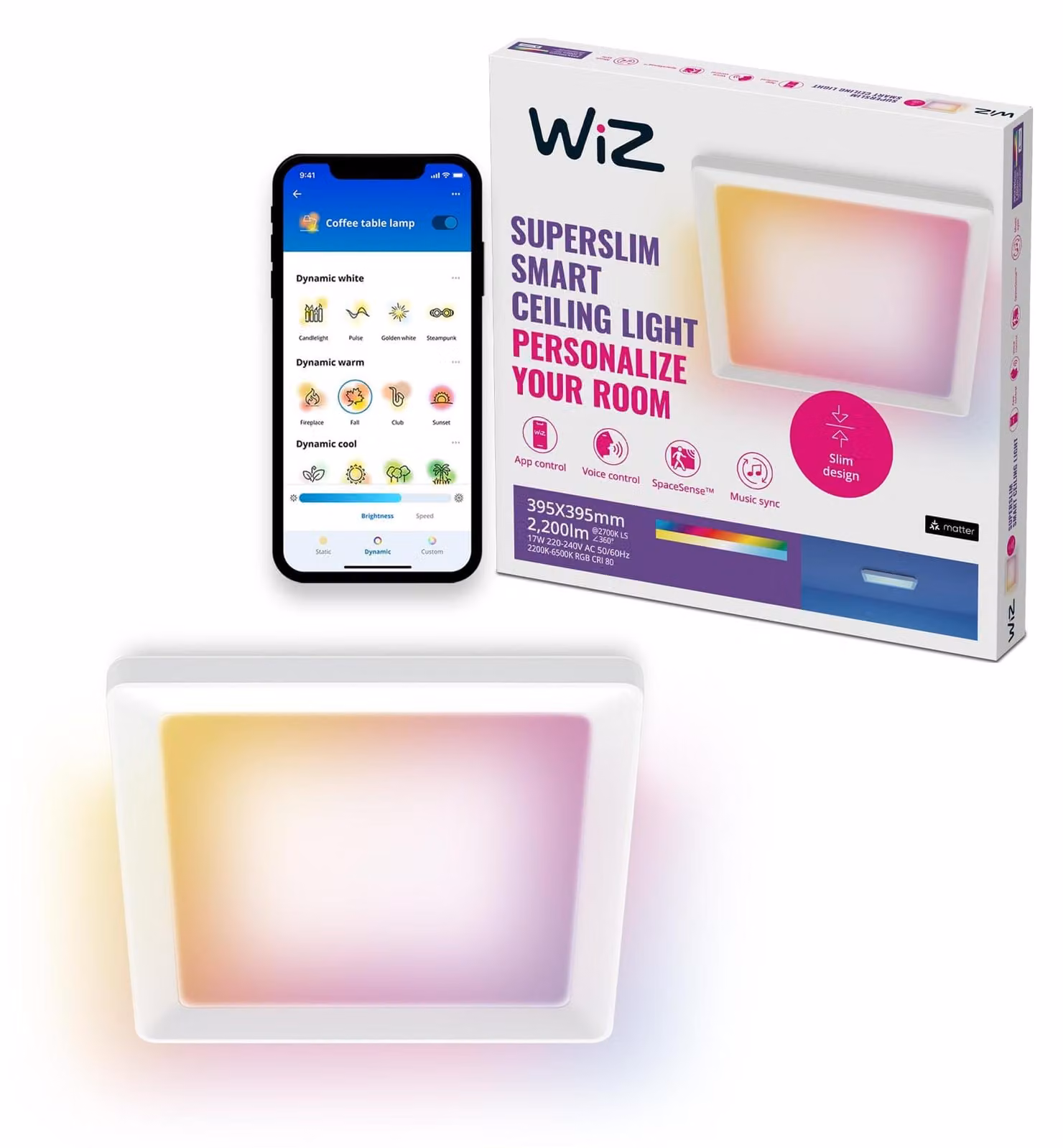 WiZ, pannello quadrato da 17 W, lampada a soffitto intelligente, Wi-Fi/Bluetooth, bianco, Wi-Fi 4 (802.11n), 802.11b, 802.11g, LED, plastica